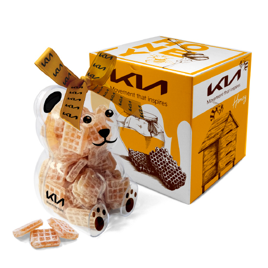 Caja transparente oso con caramelos miel