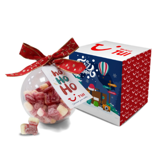 Caja transparente bola con caramelos bota papa noel